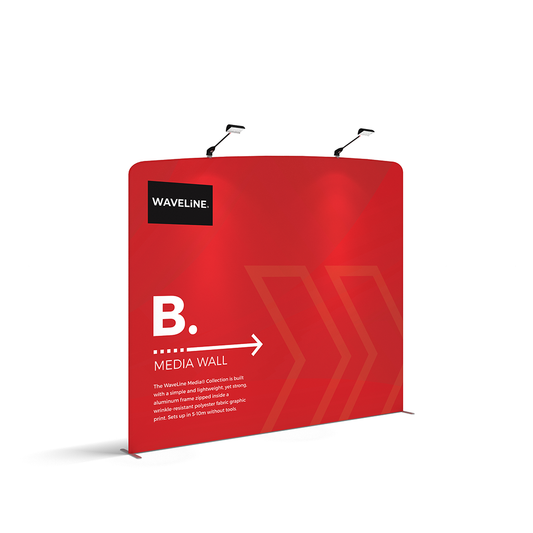 WaveLine® Media Display Wall B Modular Tension Fabric Display Wall. Event marketing trade show display wall. Front View WaveLine® Media Display Wall Modular. WLM-2000
B-L