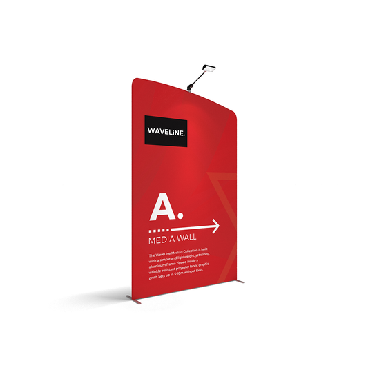 WaveLine® Media Display Wall A - Left Modular Tension Fabric Display Wall. Event marketing trade show display wall. Front View WaveLine® Media Display Wall Modular.