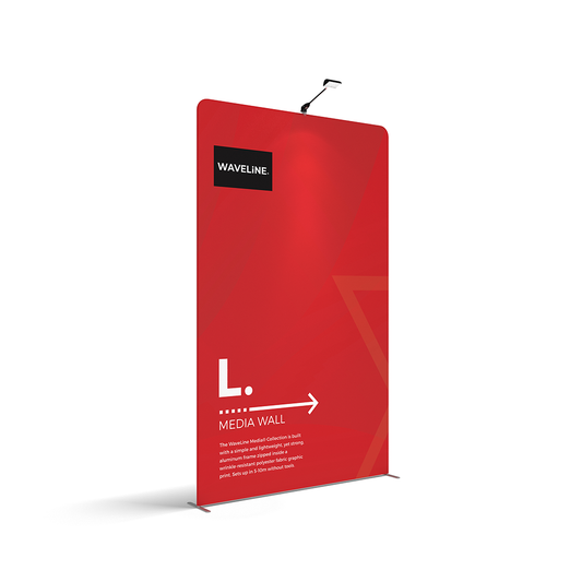 WaveLine® Media Display Wall L Modular Tension Fabric Display Wall. Event marketing trade show display wall. Front View WaveLine® Media Display Wall L Modular. WLM-2000L